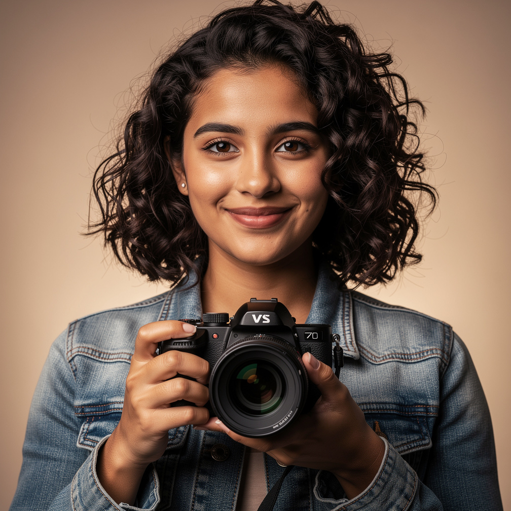 Portrait of a young Chilean woman photographer smiling with her camera