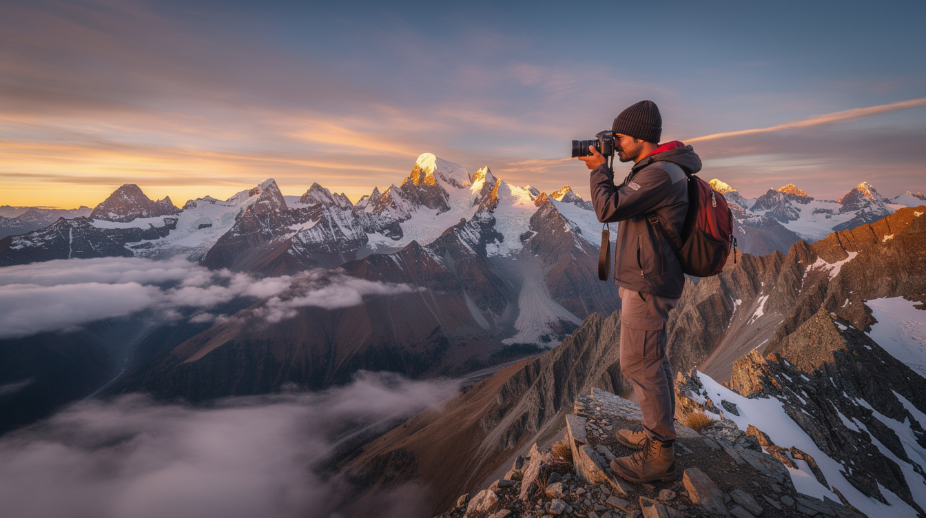 Photographer taking pictures of the Andes mountains at sunrise in Chile