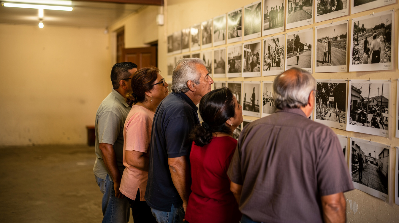 Group of people viewing printed photographs pinned to a wall at an exhibition