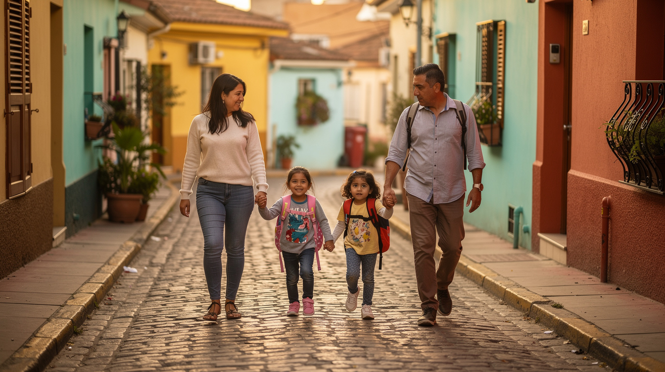 Chilean family walking together on a cobblestone street in Santiago